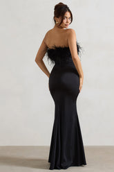 Black Satin Feather Trim Bandeau Maxi Dress